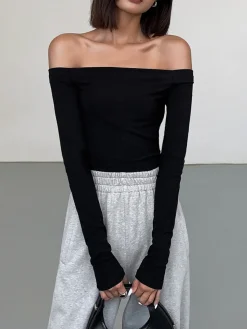 COMMENSE Off Shoulder Crop Long Sleeve Crop Shirt* Sweater Tops|Crop Tops