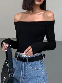 COMMENSE Off Shoulder Crop Long Sleeve Crop Shirt* Sweater Tops|Crop Tops