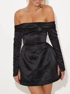 COMMENSE Off Shoulder Long Sleeve Overfold Mini Dress* Black Dresses|Work Dresses