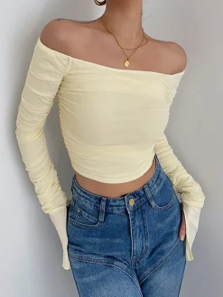 COMMENSE Off Shoulder Mesh Crop Shirt* Crop Tops|T-shirts