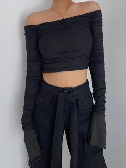 COMMENSE Off Shoulder Mesh Crop Shirt* Crop Tops|T-shirts
