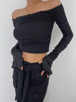COMMENSE Off Shoulder Mesh Crop Shirt* Crop Tops|T-shirts