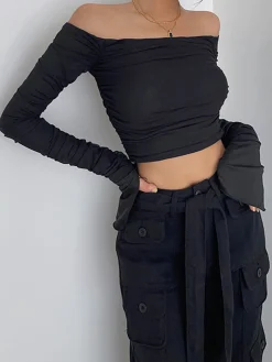 COMMENSE Off Shoulder Mesh Crop Shirt* Crop Tops|T-shirts