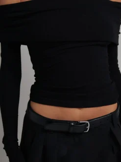 COMMENSE Off Shoulder Overfold Long Sleeve Crop Shirt* Crop Tops|T-shirts