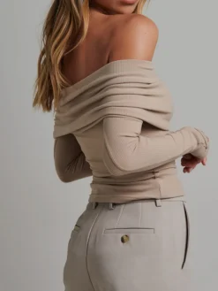 COMMENSE Off Shoulder Overfold Long Sleeve Crop Shirt* Crop Tops|T-shirts