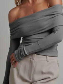 COMMENSE Off Shoulder Overfold Long Sleeve Crop Shirt* Crop Tops|T-shirts