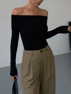 COMMENSE Off Shoulder Overfold Long Sleeve Knit Top* Sweater Tops|Sweaters & Cardigans