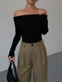 COMMENSE Off Shoulder Overfold Long Sleeve Knit Top* Sweater Tops|Sweaters & Cardigans