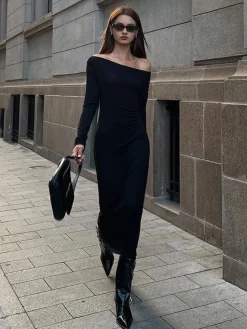 COMMENSE Off Shoulder Ribbed Long Sleeve Knit Long Dress* Black Dresses|Casual Dresses