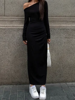 COMMENSE Off Shoulder Ribbed Long Sleeve Knit Long Dress* Black Dresses|Casual Dresses