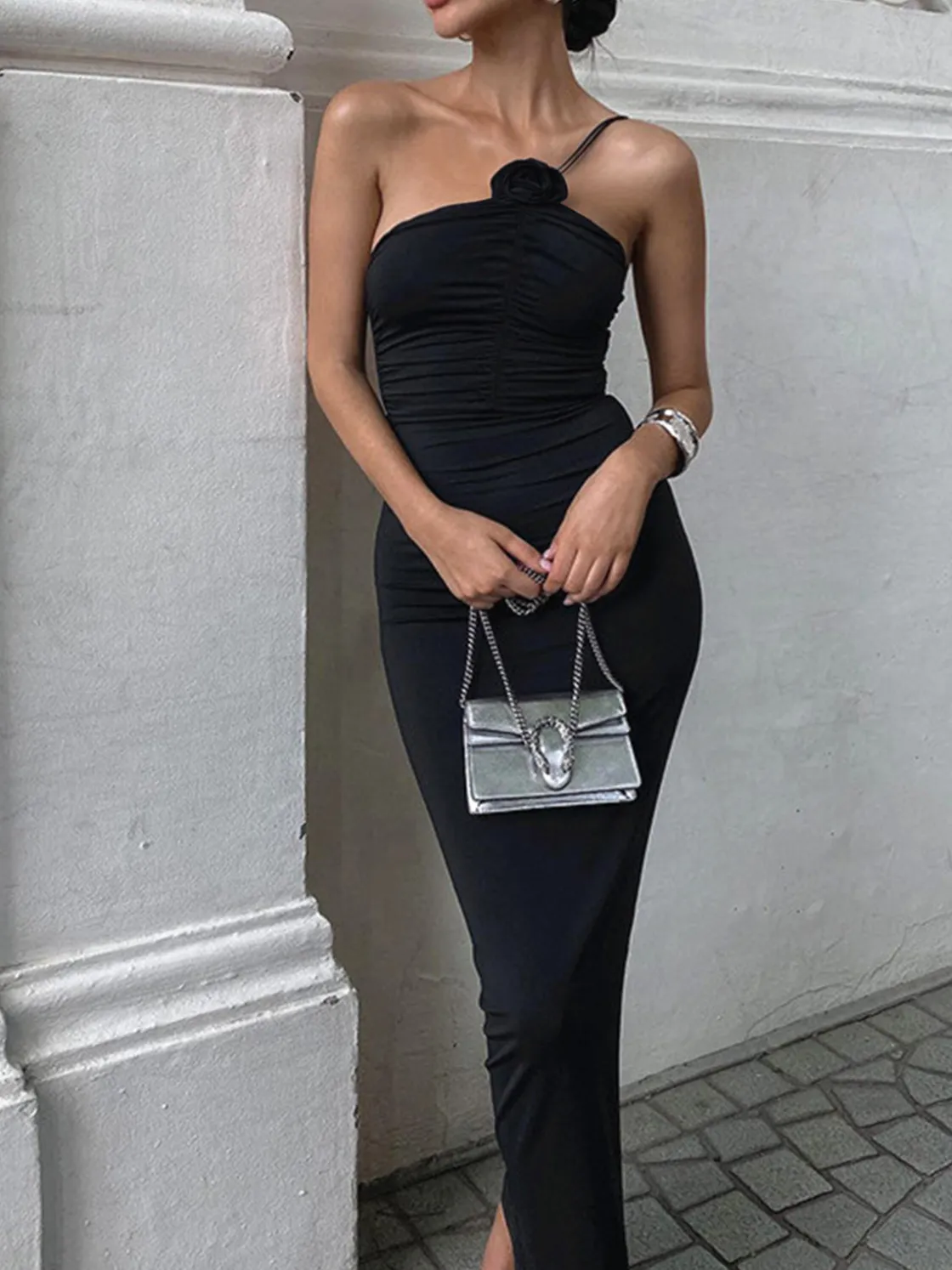 COMMENSE Off Shoulder Rose Decor Ruched Midi Dress* Black Dresses|Work Dresses