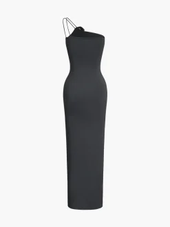 COMMENSE Off Shoulder Rose Decor Ruched Midi Dress* Black Dresses|Work Dresses