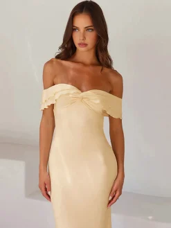 COMMENSE Off Shoulder Ruffle Satin Long Dress* Casual Dresses|Vacation Dresses