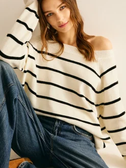 COMMENSE Off Shoulder Striped Pullover Sweater* Sweater Tops|Sweaters & Cardigans