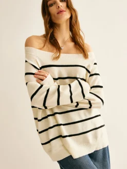 COMMENSE Off Shoulder Striped Pullover Sweater* Sweater Tops|Sweaters & Cardigans