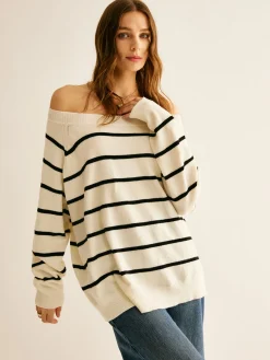 COMMENSE Off Shoulder Striped Pullover Sweater* Sweater Tops|Sweaters & Cardigans