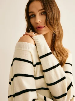 COMMENSE Off Shoulder Striped Pullover Sweater* Sweater Tops|Sweaters & Cardigans