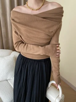 COMMENSE Off Shoulder Wrap Long Sleeve Knit Top* Sweater Tops|Sweaters & Cardigans