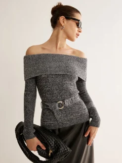 COMMENSE Off-Shoulder Belted Sweater* Sweater Tops|Sweaters & Cardigans