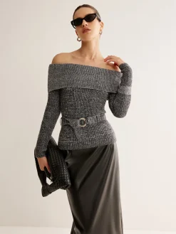 COMMENSE Off-Shoulder Belted Sweater* Sweater Tops|Sweaters & Cardigans