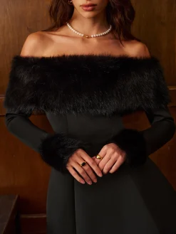 COMMENSE Off-Shoulder Faux Fur Short Dress* Dresses