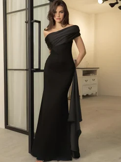 COMMENSE Off-Shoulder Knotted Slim Long Dress* Black Dresses|Cocktail & Party Dresses