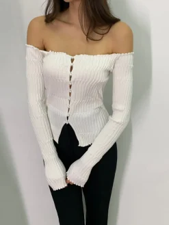 COMMENSE Off-Shoulder Lettuce Trim Cardigan* Cardigans|Sweaters & Cardigans