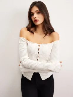 COMMENSE Off-Shoulder Lettuce Trim Cardigan* Cardigans|Sweaters & Cardigans