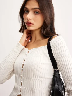 COMMENSE Off-Shoulder Lettuce Trim Cardigan* Cardigans|Sweaters & Cardigans