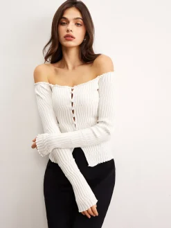 COMMENSE Off-Shoulder Lettuce Trim Cardigan* Cardigans|Sweaters & Cardigans