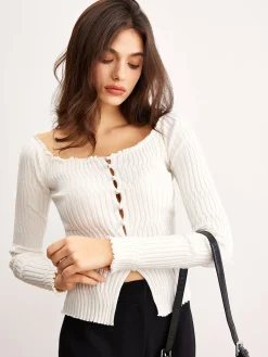 COMMENSE Off-Shoulder Lettuce Trim Cardigan* Cardigans|Sweaters & Cardigans