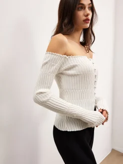 COMMENSE Off-Shoulder Lettuce Trim Cardigan* Cardigans|Sweaters & Cardigans