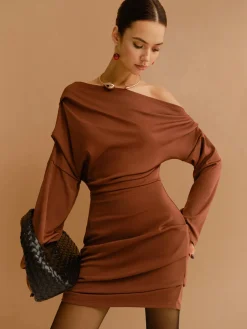 COMMENSE Off-Shoulder Pleated Jersey Short Dress* Casual Dresses|Work Dresses