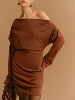 COMMENSE Off-Shoulder Pleated Jersey Short Dress* Casual Dresses|Work Dresses