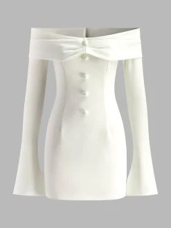 COMMENSE Off-Shoulder Pleated Piping Short Dress* White Dresses|Casual Dresses