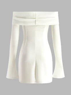 COMMENSE Off-Shoulder Pleated Piping Short Dress* White Dresses|Casual Dresses