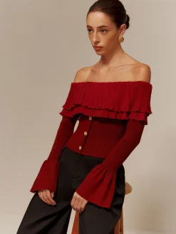 COMMENSE Off-Shoulder Pleated Ruffle Slim Sweater* Sweater Tops|Sweaters & Cardigans