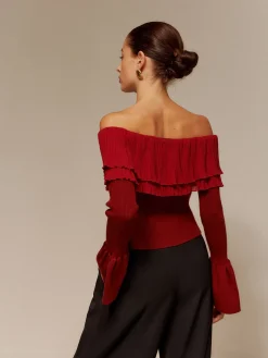 COMMENSE Off-Shoulder Pleated Ruffle Slim Sweater* Sweater Tops|Sweaters & Cardigans