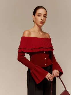 COMMENSE Off-Shoulder Pleated Ruffle Slim Sweater* Sweater Tops|Sweaters & Cardigans