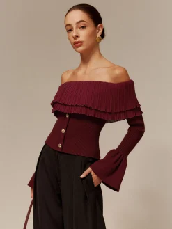 COMMENSE Off-Shoulder Pleated Ruffle Slim Sweater* Sweater Tops|Sweaters & Cardigans
