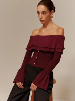 COMMENSE Off-Shoulder Pleated Ruffle Slim Sweater* Sweater Tops|Sweaters & Cardigans