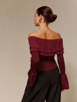 COMMENSE Off-Shoulder Pleated Ruffle Slim Sweater* Sweater Tops|Sweaters & Cardigans