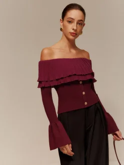 COMMENSE Off-Shoulder Pleated Ruffle Slim Sweater* Sweater Tops|Sweaters & Cardigans