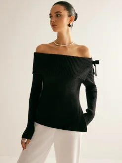 COMMENSE Off-Shoulder Ribbed Bow Slit Sweater* Sweater Tops|Sweaters & Cardigans