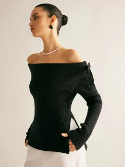 COMMENSE Off-Shoulder Ribbed Bow Slit Sweater* Sweater Tops|Sweaters & Cardigans