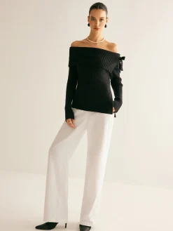 COMMENSE Off-Shoulder Ribbed Bow Slit Sweater* Sweater Tops|Sweaters & Cardigans