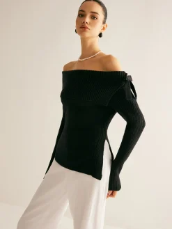 COMMENSE Off-Shoulder Ribbed Bow Slit Sweater* Sweater Tops|Sweaters & Cardigans
