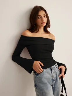COMMENSE Off-Shoulder Ribbed Slim Top* T-shirts|Tops