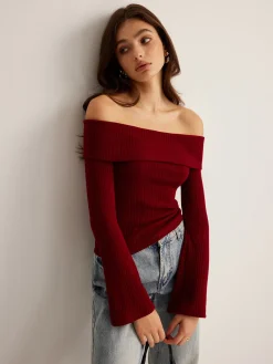 COMMENSE Off-Shoulder Ribbed Slim Top* T-shirts|Tops