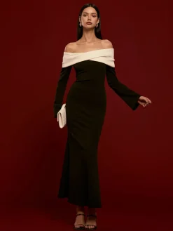 COMMENSE Off-Shoulder Ruched Bell-Sleeve Dress* Casual Dresses|Cocktail & Party Dresses